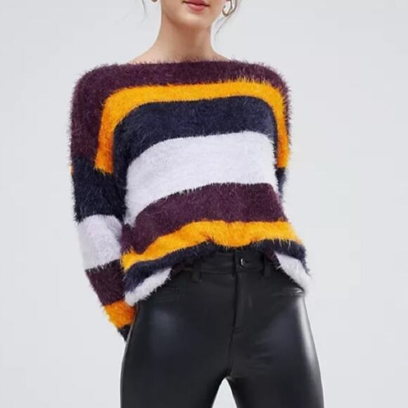 Asos ONLY Brand Cropped Striped Fuzzy Eyelash Sweater Small - Picture 2 of 5